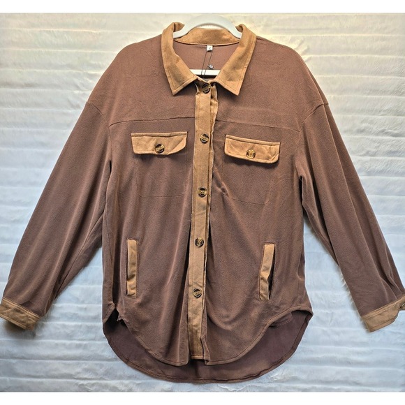 Fleece Shacket Women Medium Brown New Button Down Long Sleeve Oversized - Picture 2 of 8